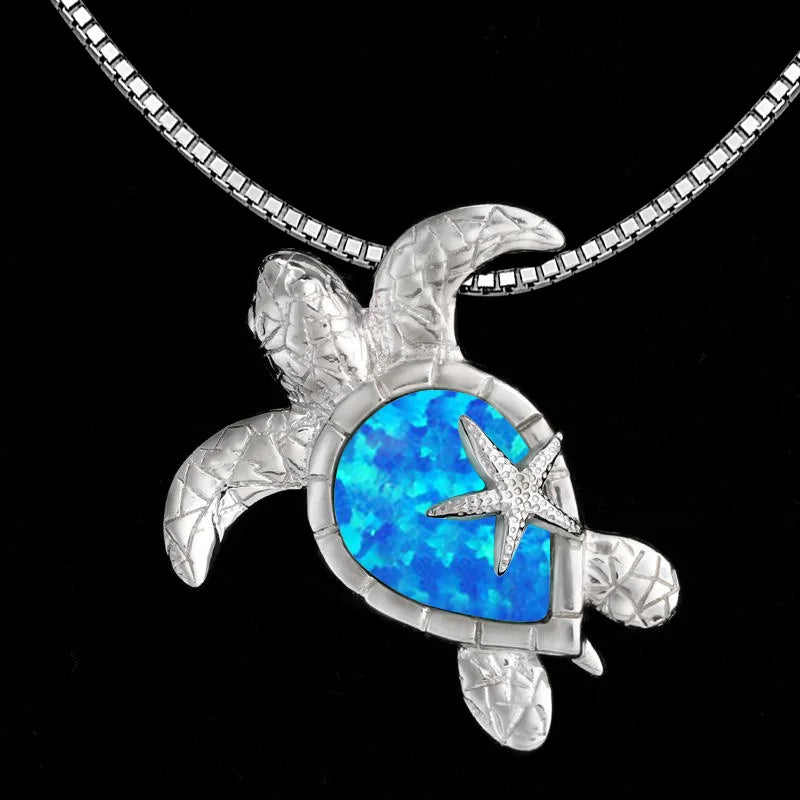 Ocean Theme Turtle Necklace Aobao Opal Inlaid Starfish Detail Fashion Jewelry