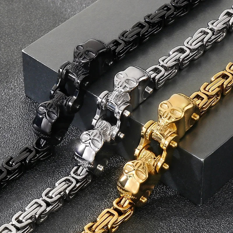 REBEL Punk Fine Jewelry Fashion Bracelets Stainless Steel Skull Byzantine Links Bracelet