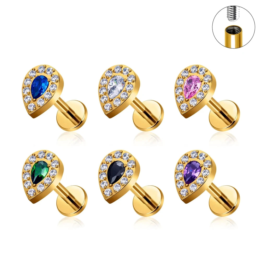ASTM F136 Titanium Helix Earring Labret 16G Star Shape CZ Paved Internal Thread Punk Style Nose Studs Piercing Jewelry Wholesale
