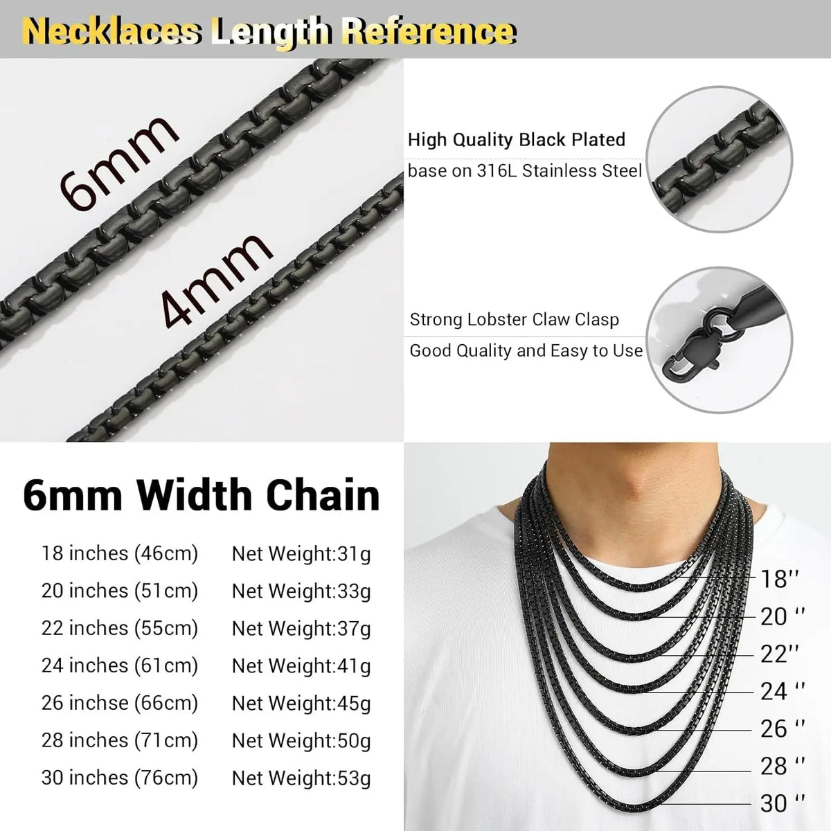 REBEL Stylish Stainless Steel Link Chain Necklace for Men 14\"-30\" Silver/Gold/Black Tone Hypoallergenic Jewelry Diamond Main Stone