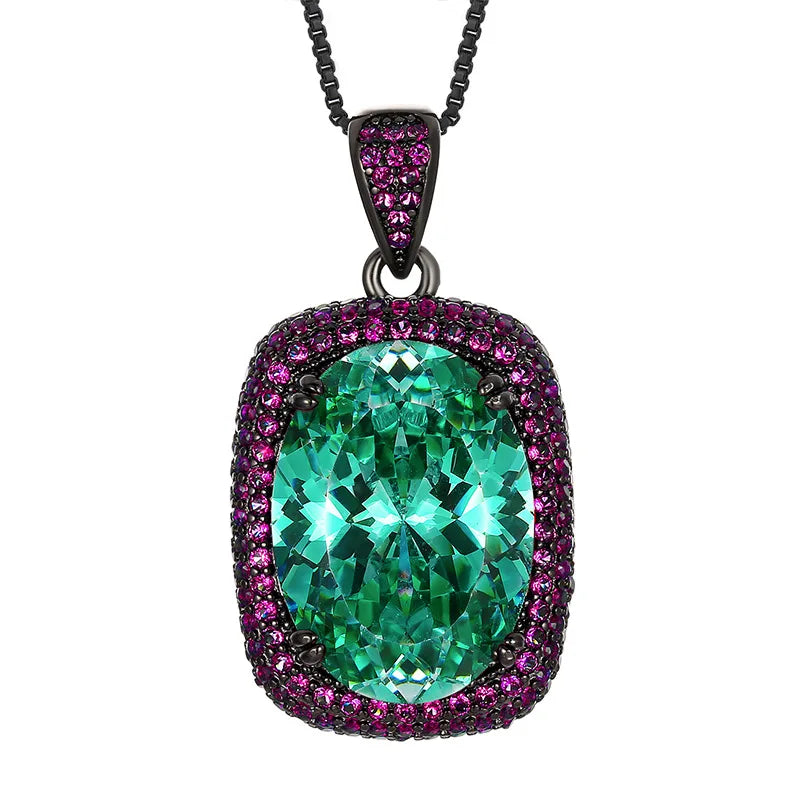 Gemfiori Luxury Vintage Gothic Royal Blue Sapphire Jewelry Set Black Gold Plated Cushion Cut Blue Gem Halo Pendant Necklace Earrings Ring