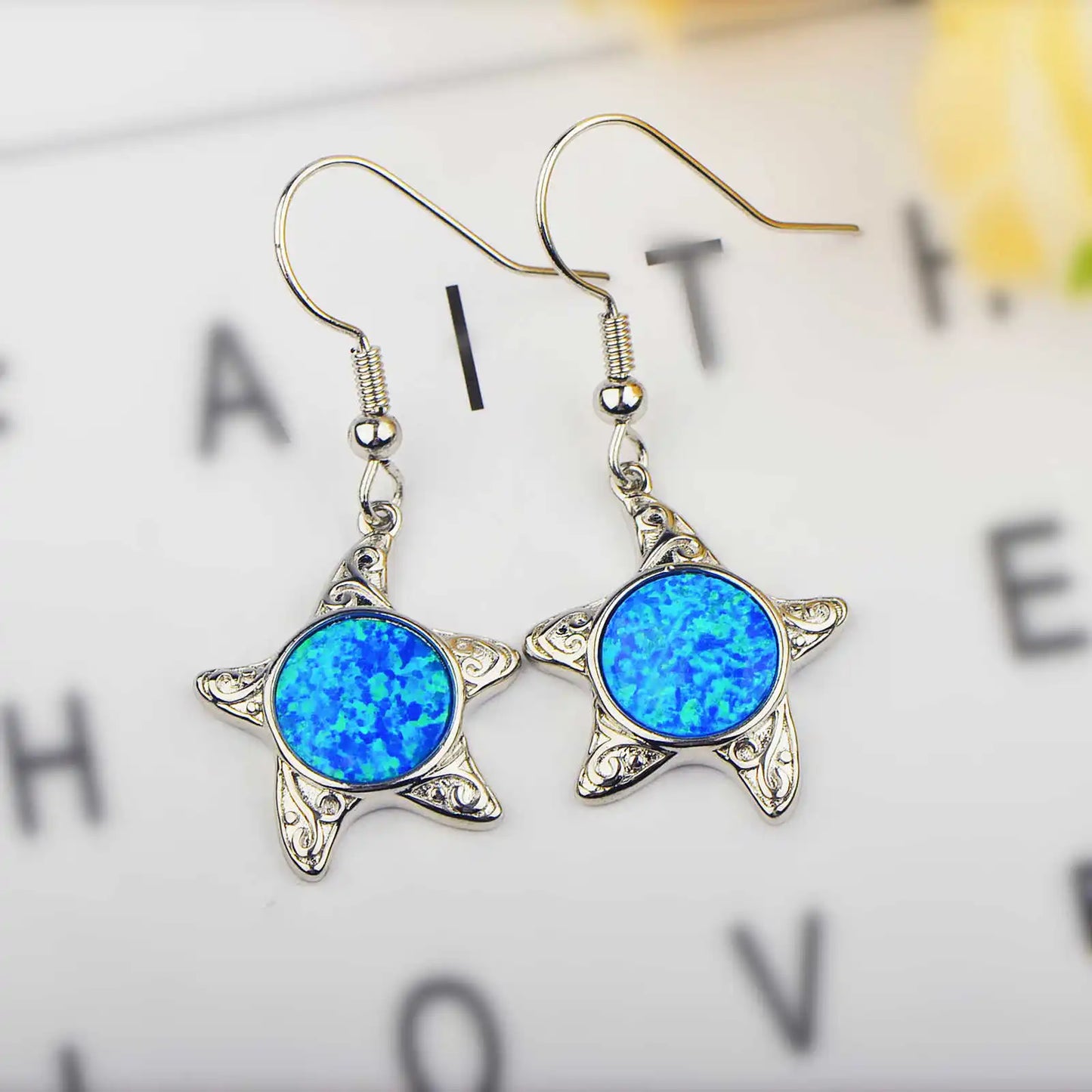 Hawaiian Starfish Star Pendant Earrings Brass Silver Plated Sparkling Blue Opal Bohemian Beach Women's Anniversary TikTok Hot