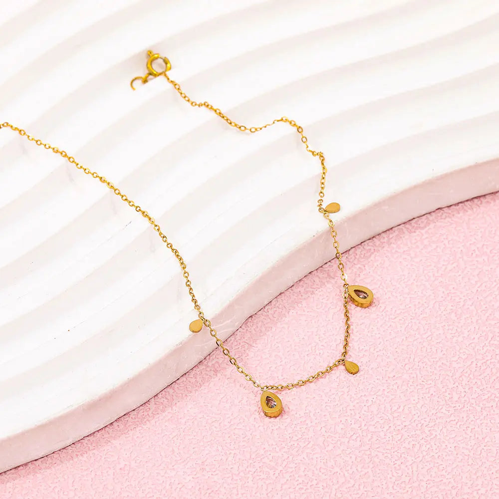 Dainty 18k Pvd Gold Plated Non Tarnish Free Waterproof Water Drop Zircon Tassel Stainless Steel Anklet