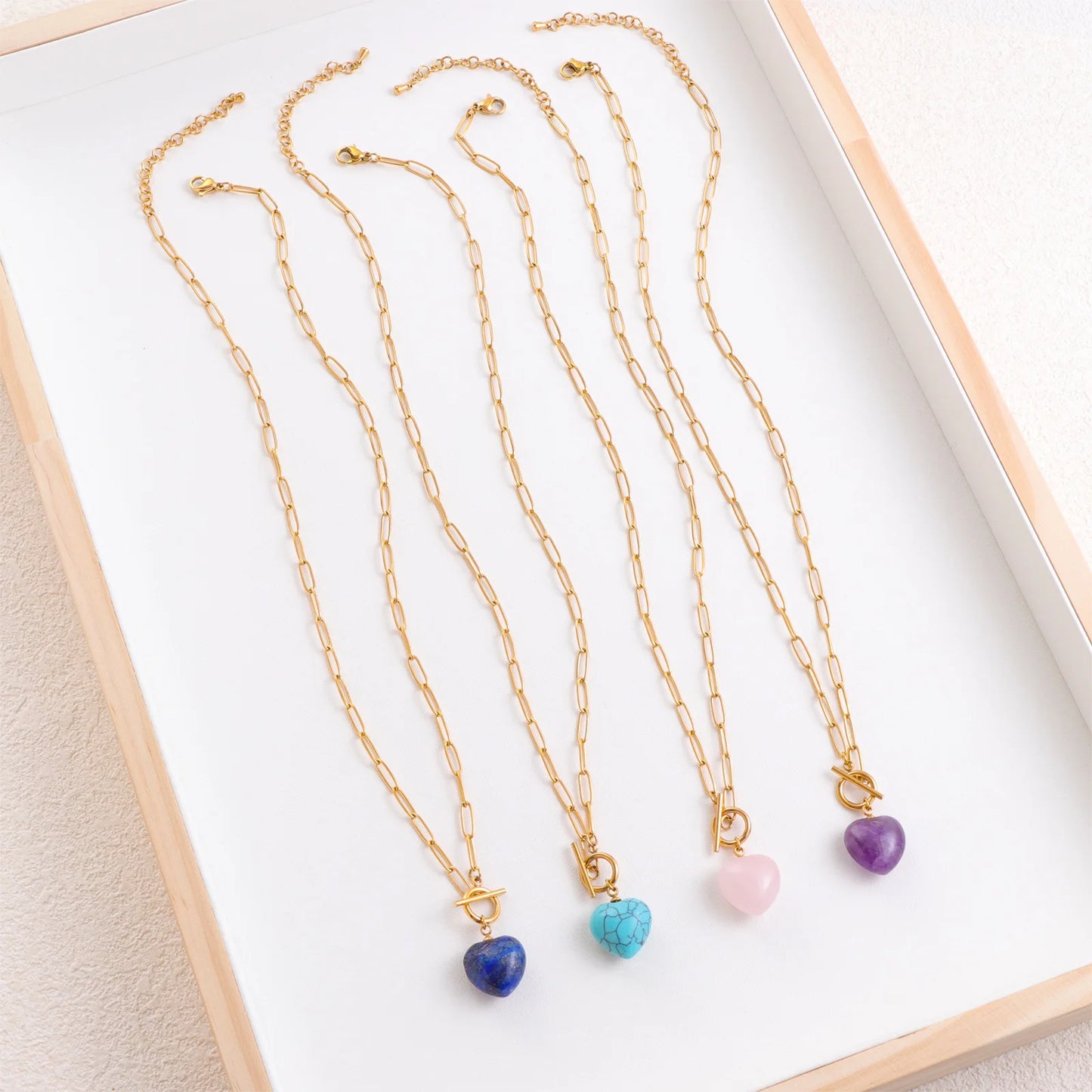 Natural Stone Stainless Steel Heart Pendant Necklace Necklace