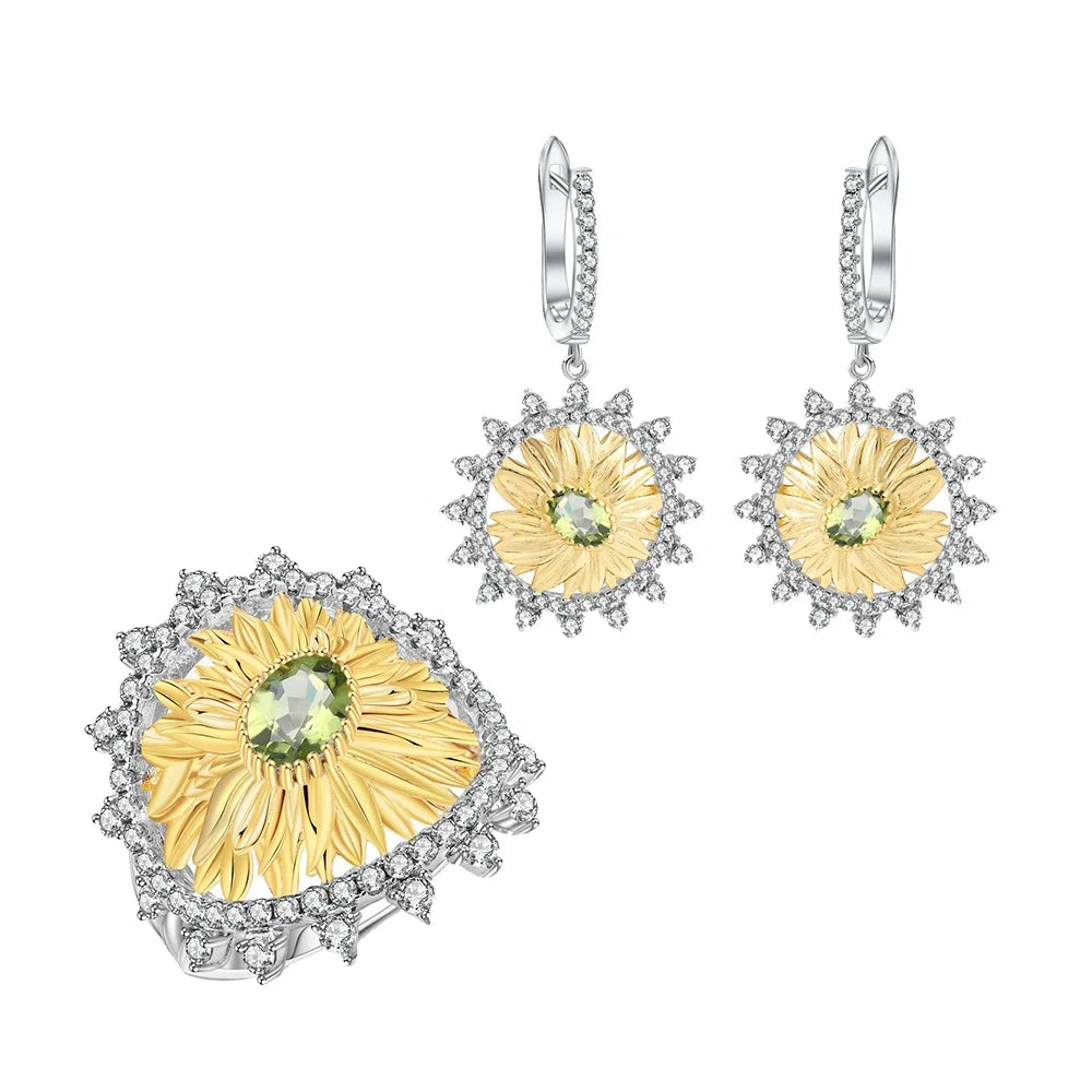 ArtistA C7614 Guangzhou Turkish 925 Solid Sterling Silver Natural Peridot Gemstone Sunflower Jewelry Set