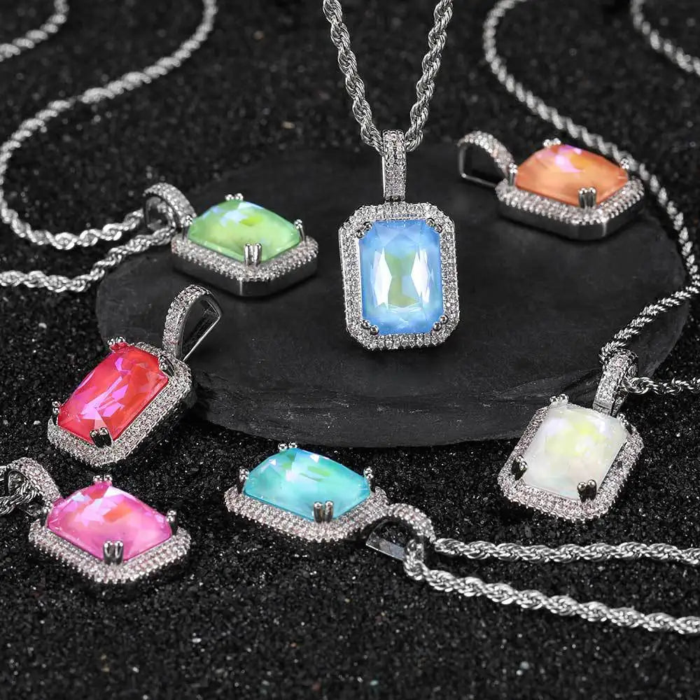 Luxury Bling Cubic Zirconia Jewelry Square Large Gemstone Pendant Necklace  for Men and Women Hip-Hop Sweater Chain Necklace