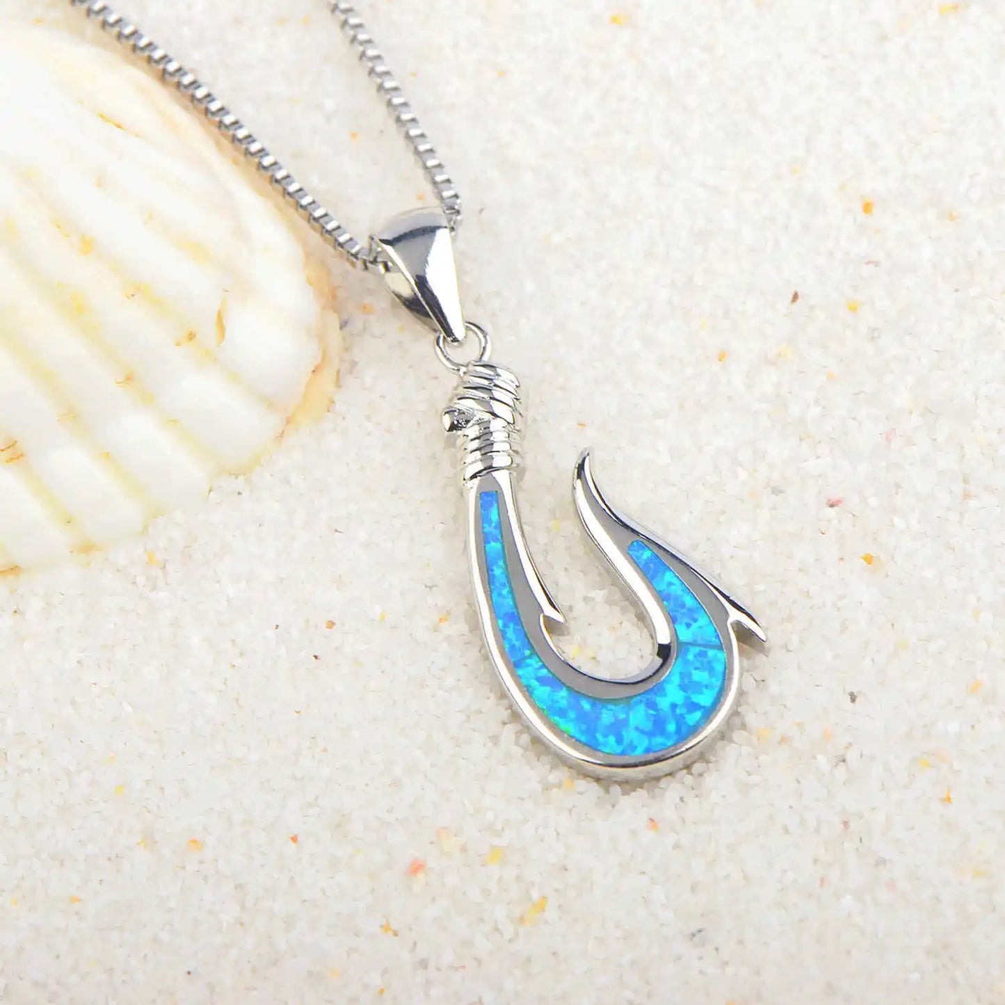 Aobao Christian Ocean-style Versatile Silver Plated Copper Alloy Link Chain Anchor Clavicle Featuring Blue Fishhook Pendant Opal