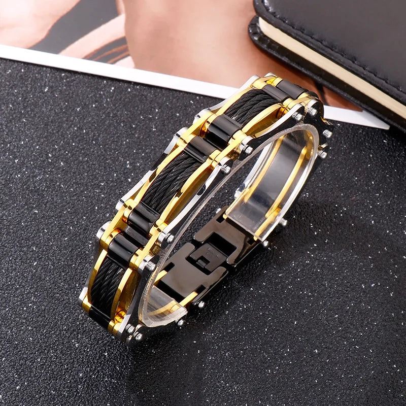REBEL Mens Trendy Jewelry Fashion Bracelets Stainless Steel Bike Link Bracelet Bangle