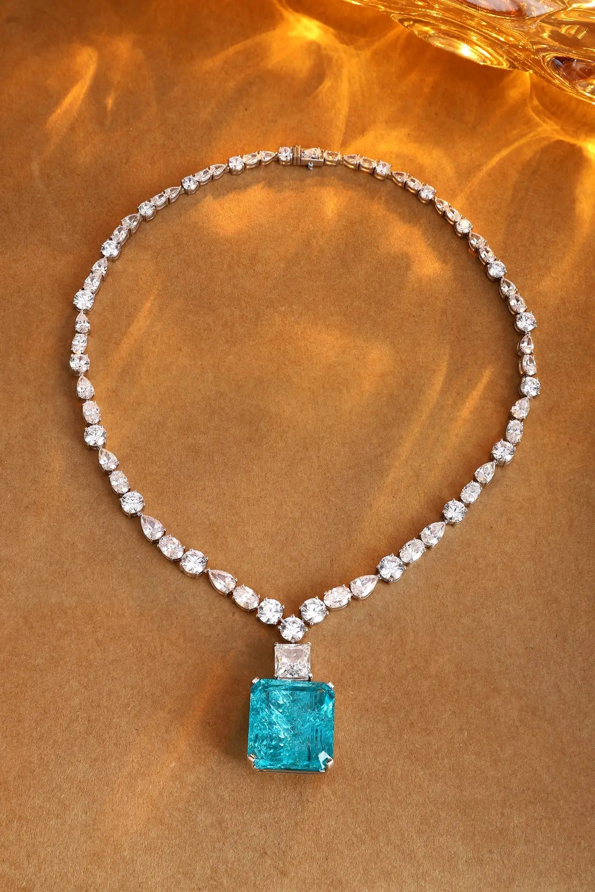 Gemfiori Anster Paraiaba Mian Stone Emerald Cutting Silver Necklace Attractive Length 87.36 Ct Customizable Style Women's Necklace