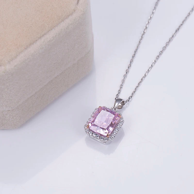 Messi Jewelry MSN-657  5 Carat Carbon Diamond Pink Necklace Cubic Zirconia Radiant Cut Silver Pendant for Daily Decorations