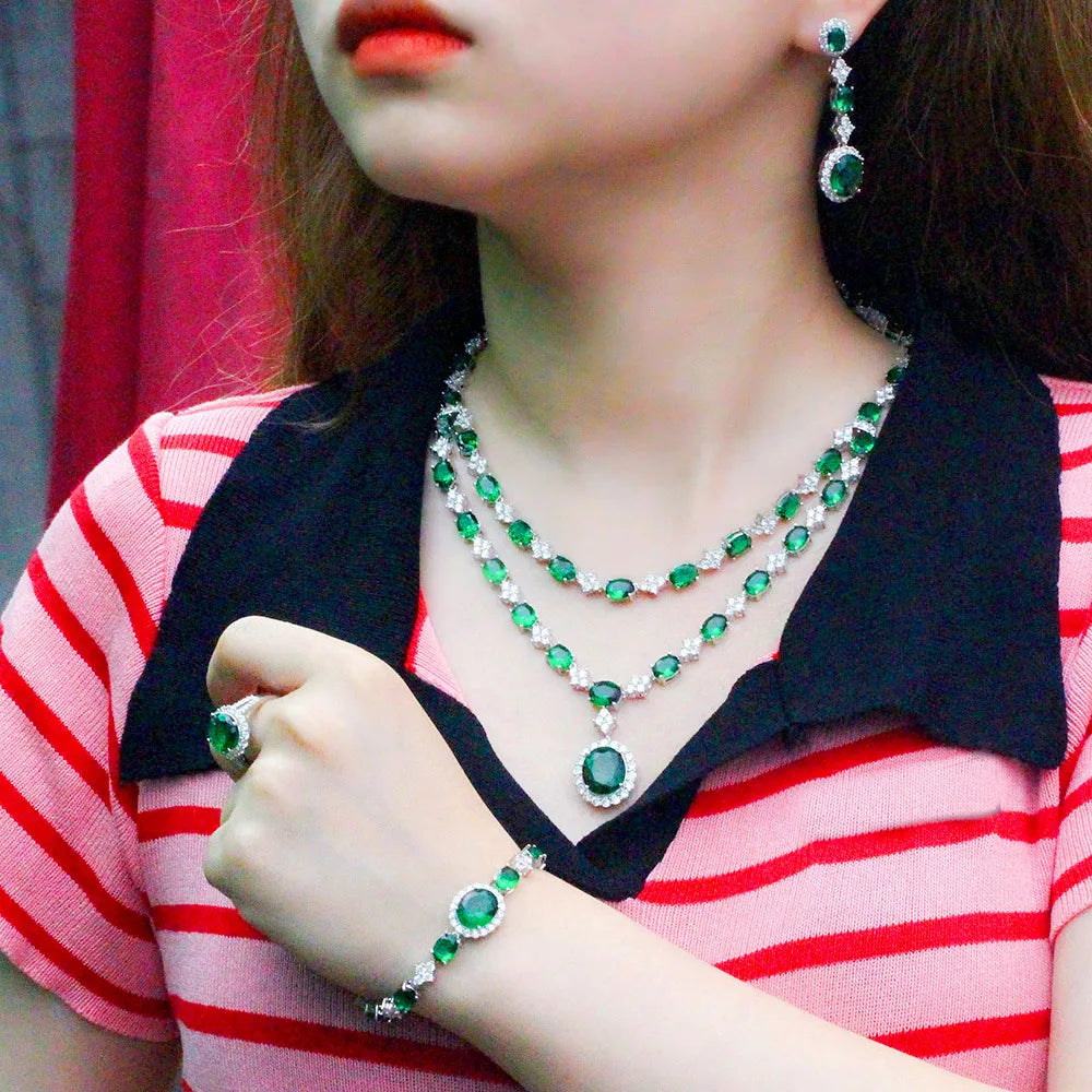 4pcs Luxury African Green Cubic Zirconia Stone Multi Layered Big Necklace Earrings Party Costume Jewelry Set for Wedding Brides