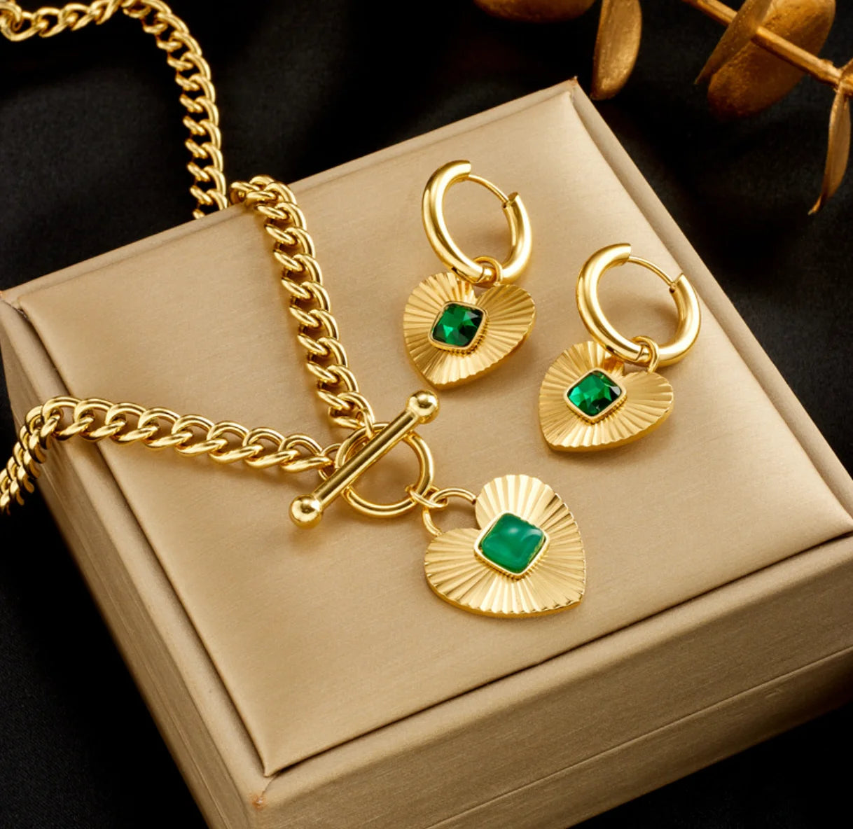 Gold Green Crystal Heart Necklace & Earrings Jewellery Set | Bold Romance Fashion Set