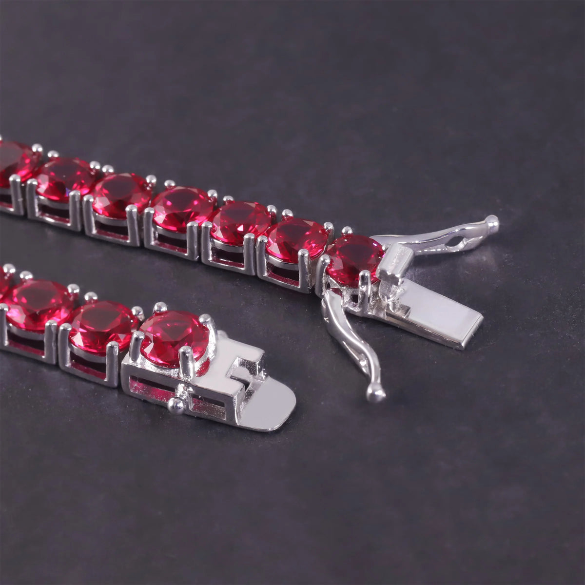 Gemfiori 7IN 925 Silver Gemstone Bracelet 5MM Pigeon Blood Red Lab Grown Ruby Silver Women Round Tennis Bracelet