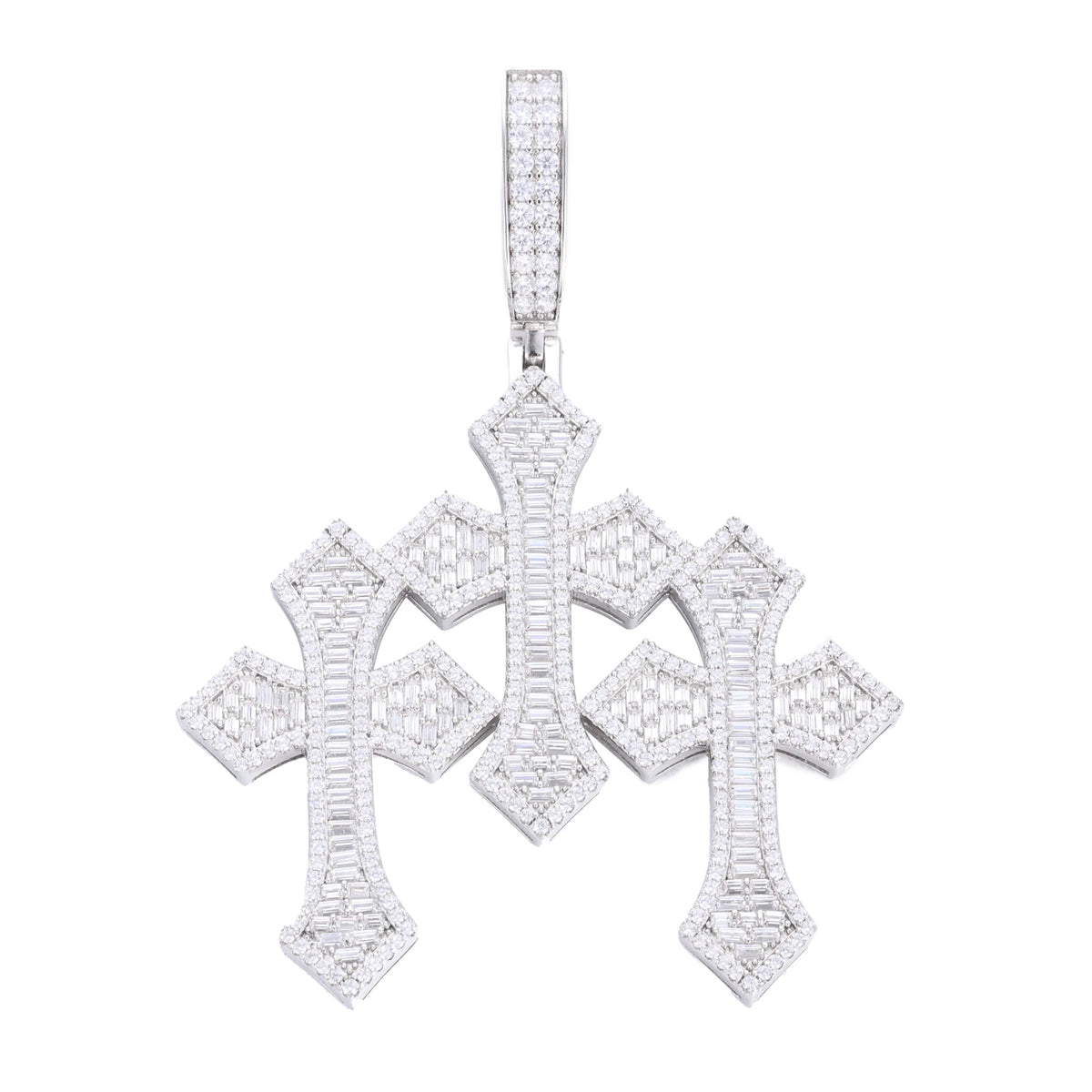 Sparkling Religious Jewelry Hip Hop Mens 18K Gold Plated Brass AAAAA Baguette CZ Diamond Iced Out Triple Cross Pendant