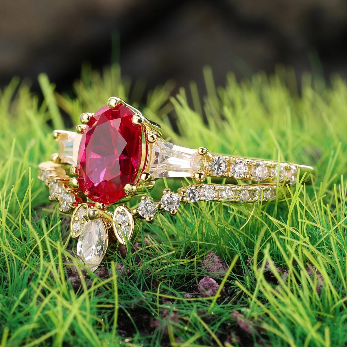 ArtistA Abiding Perfect Match 18K Gold Plated 925 Silver Lab Made Created Ruby Gemstone Rings Set Women Bridal Set