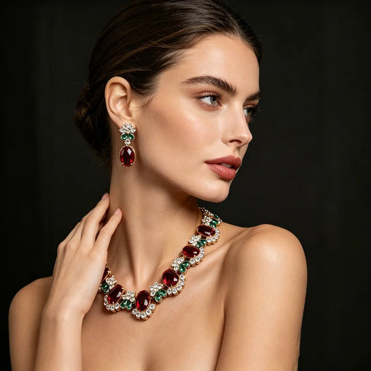 XM S313 Oval Cut Zircon Floral Statement Necklace & Earrings Set