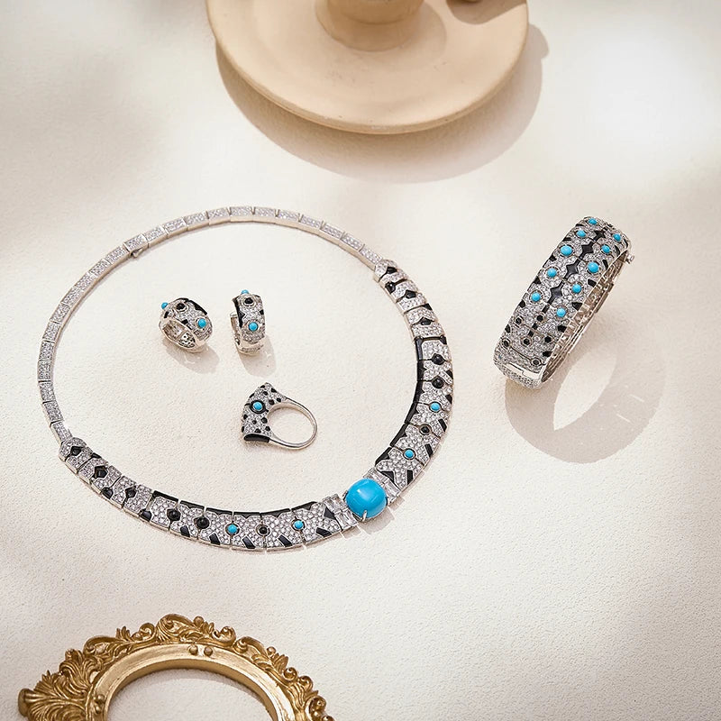 Vintage Leopard Print Necklace Earrings  Rings  Bracelet 4-piece Set Dubai Luxury Style Women's Brass Zirconia Jewelry