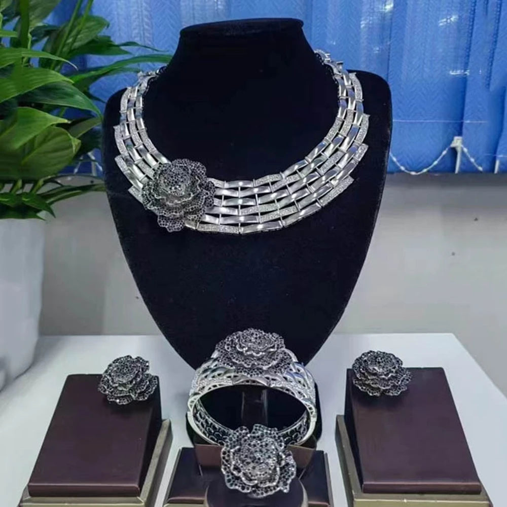Zhuerrui Luxury Cubic Zirconia Jewelry Set American Diamond Flowers Jewelry Sets Necklace Bracelet Earrings Ring Jewellery Sets