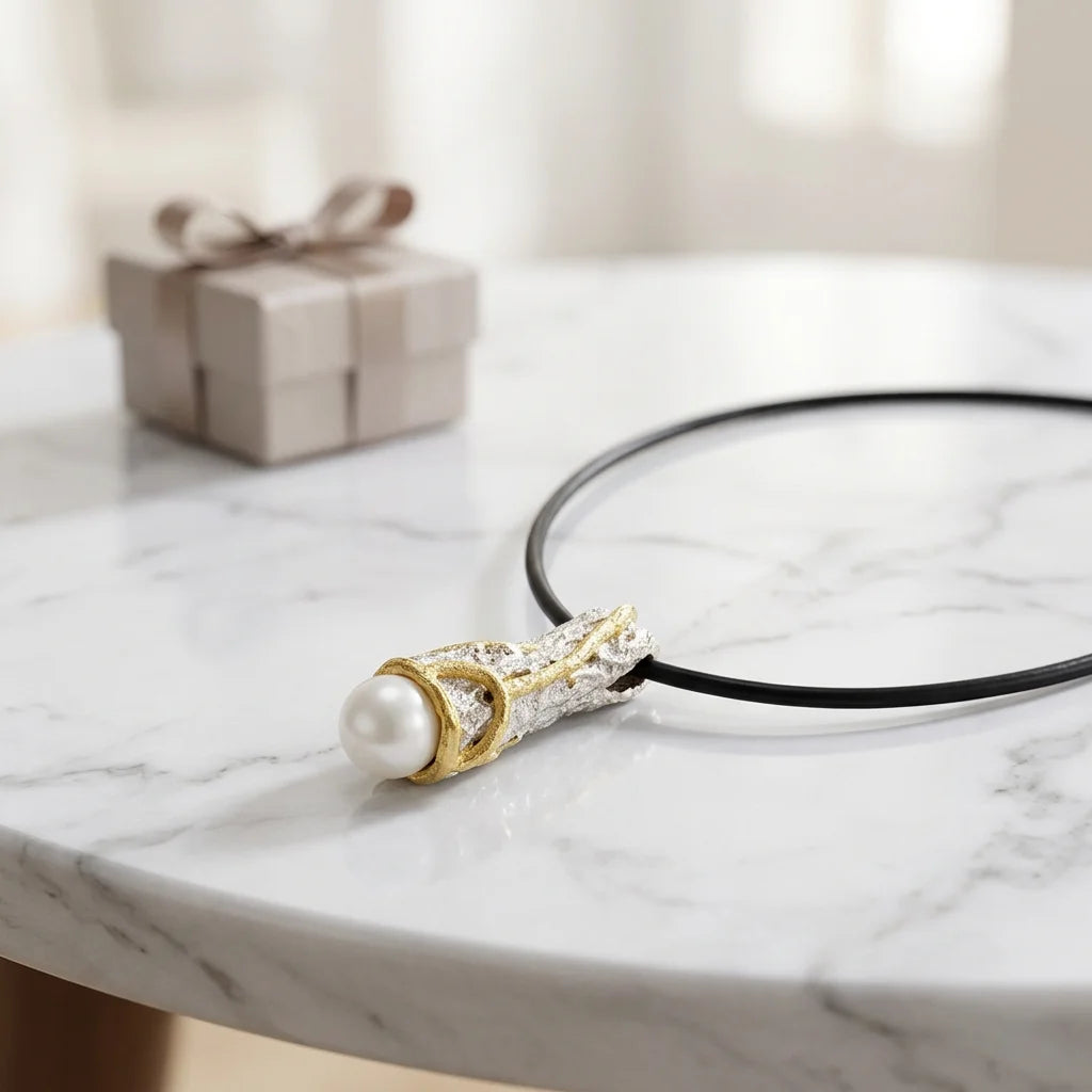 Fashion Italy Handmade 925 Sterling Silver Vintage Charm Pendant with 18K Gold Plated Shell Pearl Unisex Everyday Wear