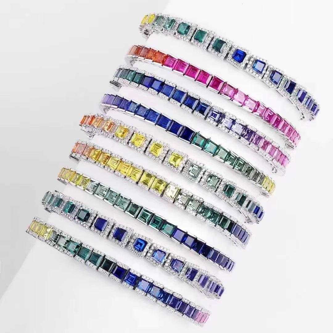 ArtistA Women High Quality Multi Color Gemstone Bracelet Jewelry 925 Sterling Silver Rainbow Lab Grown Sapphire Tennis Chain