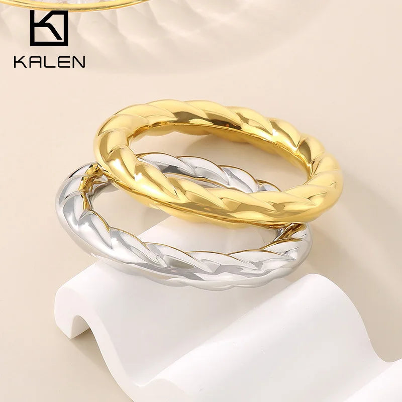 REBEL 18K Gold-Plated Personality Stainless Steel Bracelet Smooth Spiral Pattern Jewelry Bangle