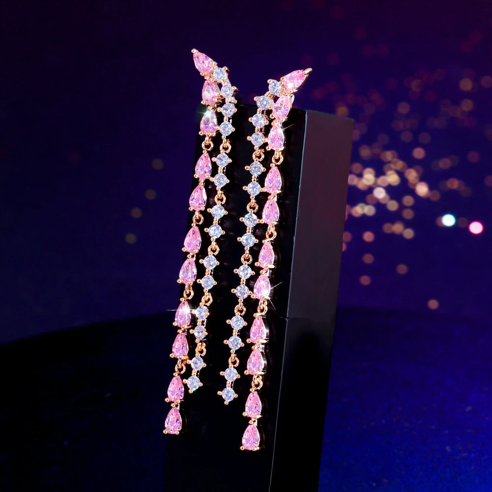 S&S Pink CZ Long Tassel Ear Line Drop Earrings – 7cm Gold Plated – Collection