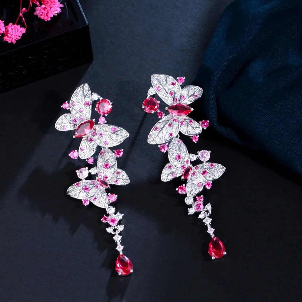 S&S Red CZ Butterfly Long Dangle Drop Earrings – 925 Silver Pin – Rhodium Plated – Collection