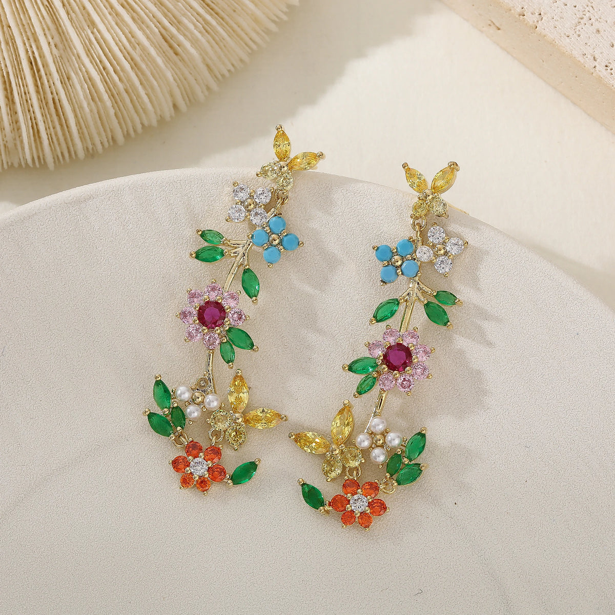 Luxury Women's Multicolor Zircon Flower Statement Earrings Unique Design Pendant Brass Jewelry for Parties