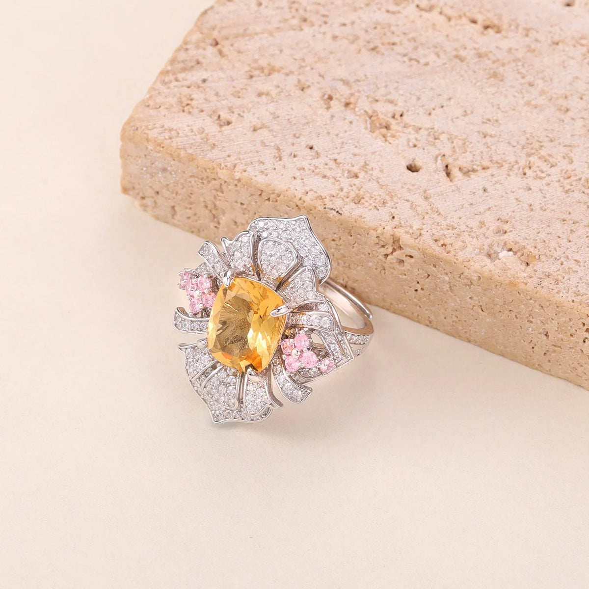 ArtistA Abiding Retro Light Luxury Flower Natural Stone 925 Silver Big Cushion Cut 9X11MM Flower Shape Cz Cocktail Dinner Party Rings