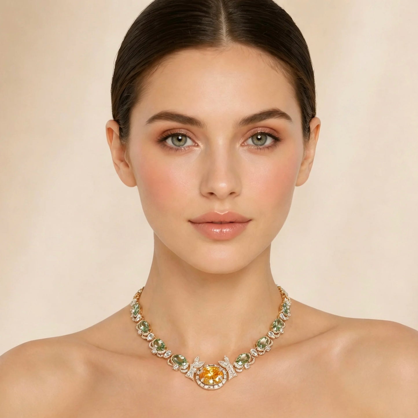 Bella Viva Multi Color Oval Cubic Zirconia Necklace and Earring Sets, 18K Gold Plated Brass, Luxury Wedding Bridal Jewelry