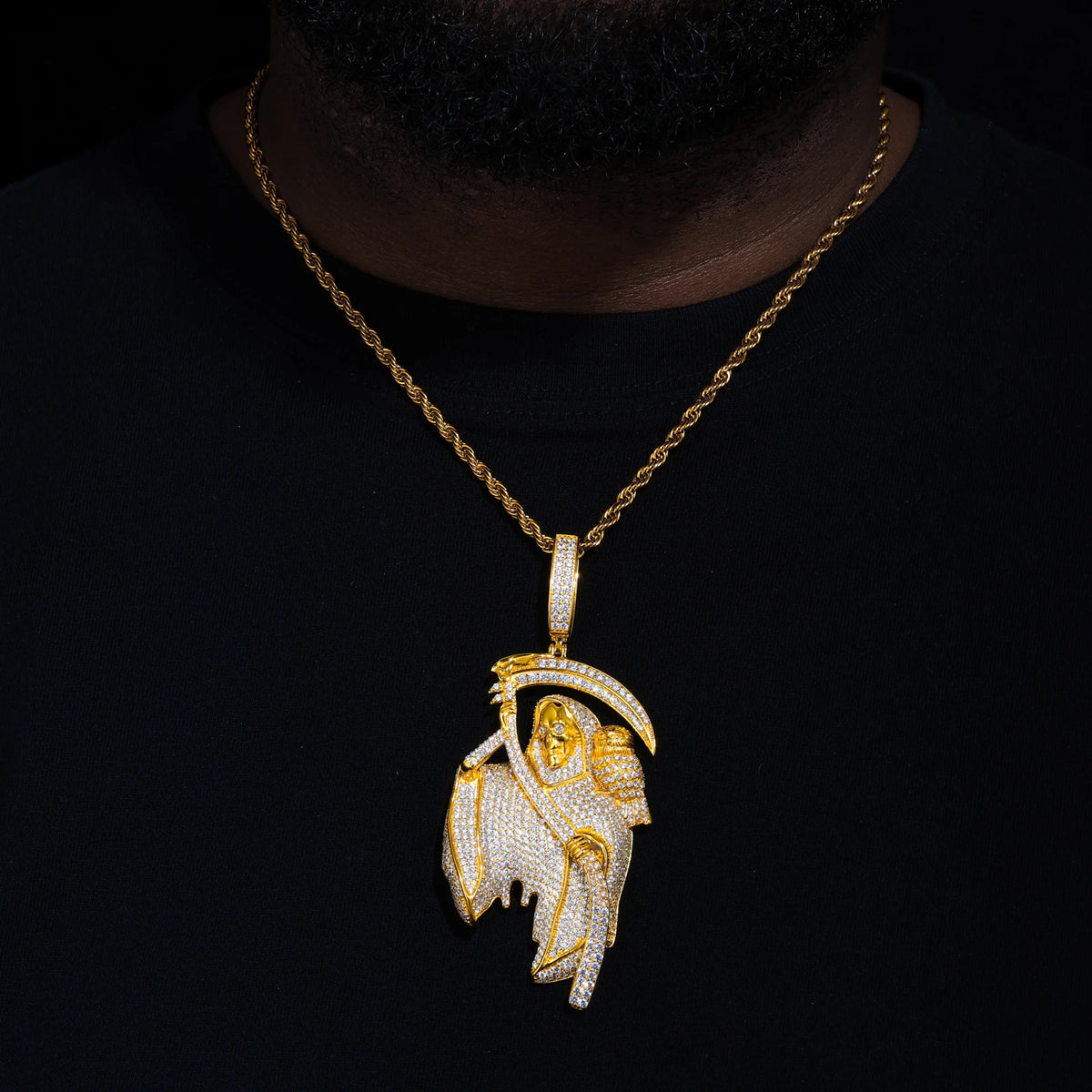 Punk Style Street Jewelry Luxury Gold Plated Brass AAAAA CZ Diamond Iced Out Grim Reaper Pendant for Hip Hop Men Women