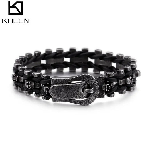 KALEN Charm Mens Skull Jewelry Leather Rope Braided Bracelet Handmade Stainless Steel Black Matte Punk Bracelets for Men