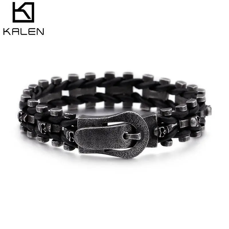 KALEN Charm Mens Skull Jewelry Leather Rope Braided Bracelet Handmade Stainless Steel Black Matte Punk Bracelets for Men