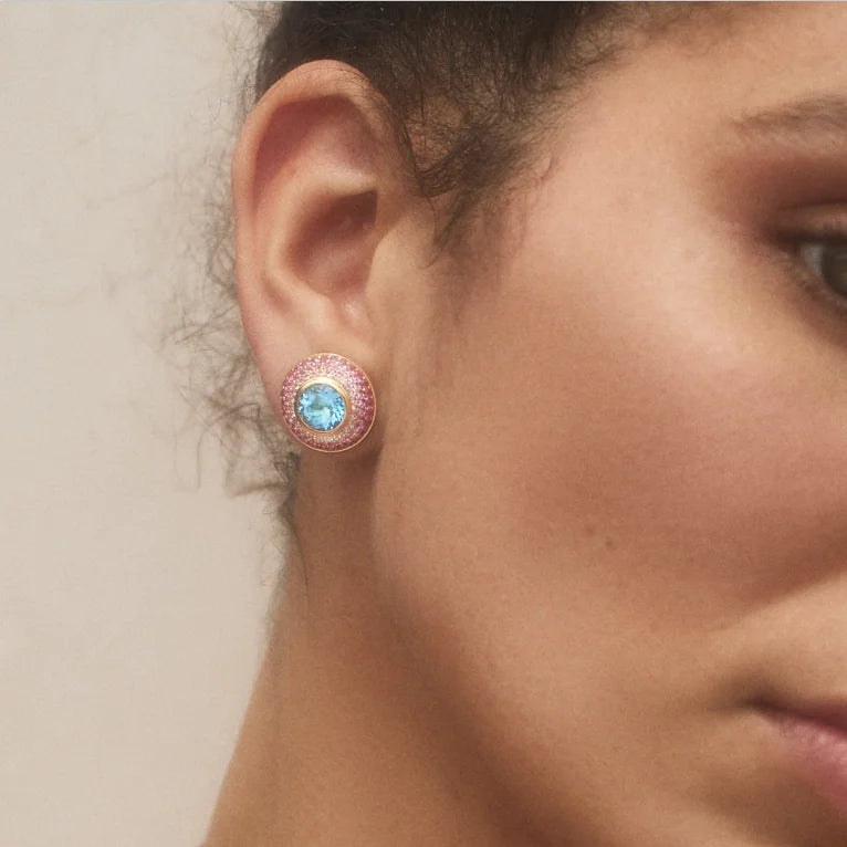Colorful Gradient Round CZ Stud Earring 5A Cubic Zirconia Bling Women Fashion Pink Blue Purple Crystal Jewelry