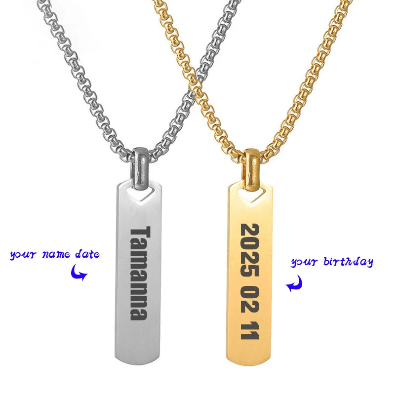 Fatingna Men's DIY Design Personalized 3D Bar Stainless Steel Pendant Necklace Gold Plated with Geometric Pattern Link Chain