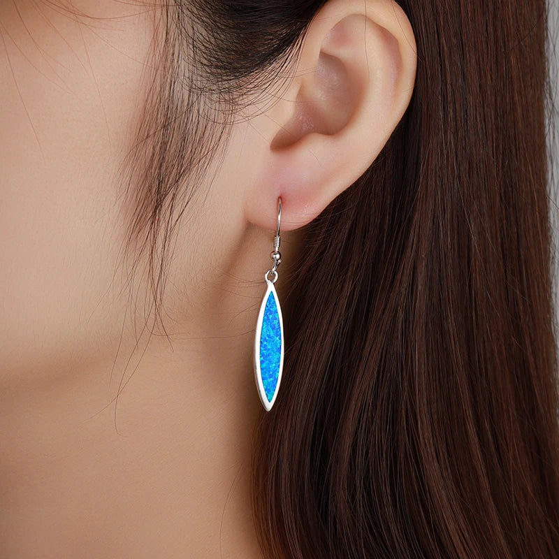 Sleek Marquise Opal Drop Earrings - Blue Fire Opal Inlaid Slim Frame Design | Minimalist Daily Jewelry Bulk Gifts