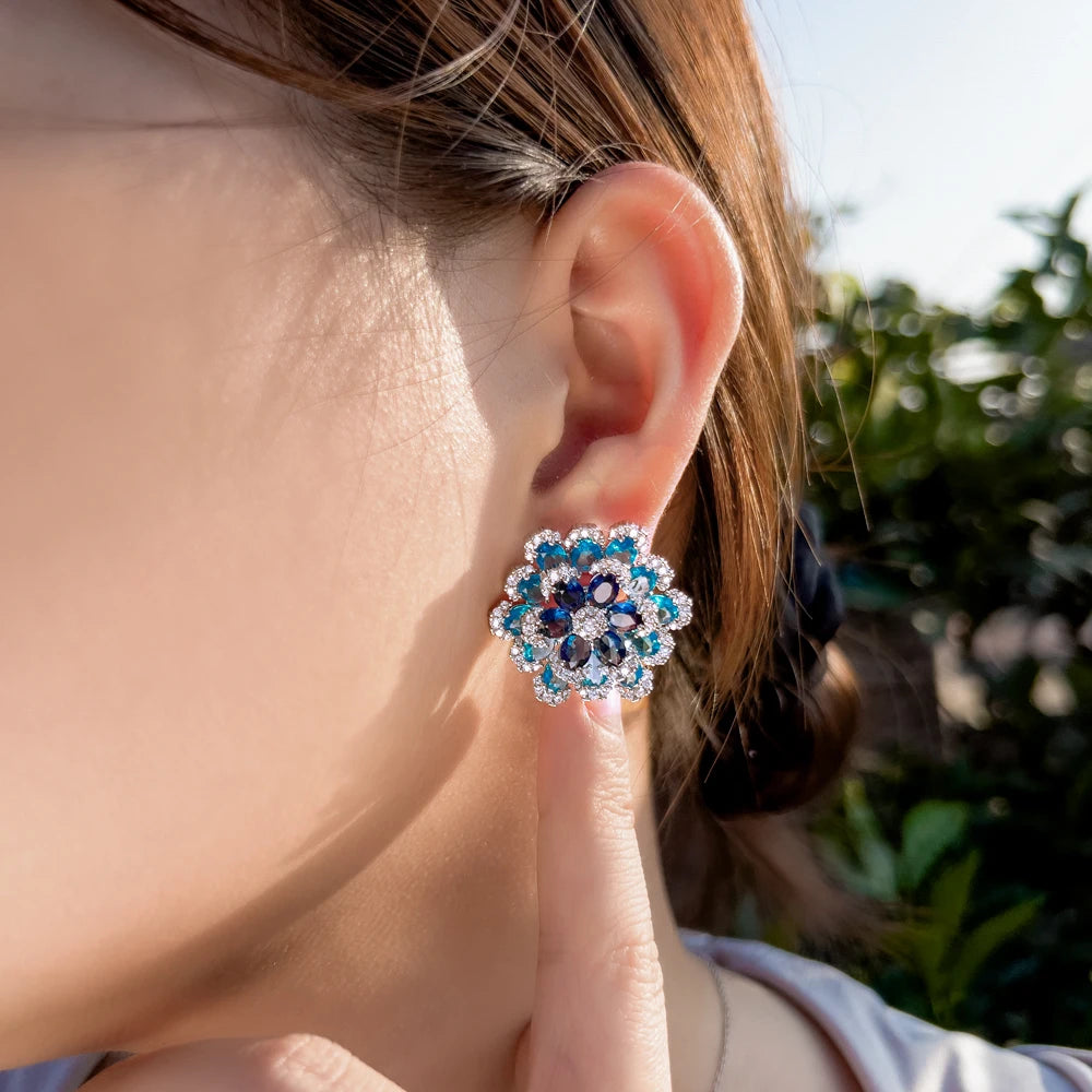 S&S Blue CZ 3D Flower Full Pavé Stud Earrings – Rhodium & 18K Gold Plated – Collection