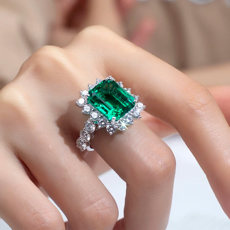 Gemfiori MSR-1510 18K White Gold Luxury Engagement Ring 11x13mm Emerald Cut Lab Emerald Stones Lab Grown Diamond Ring