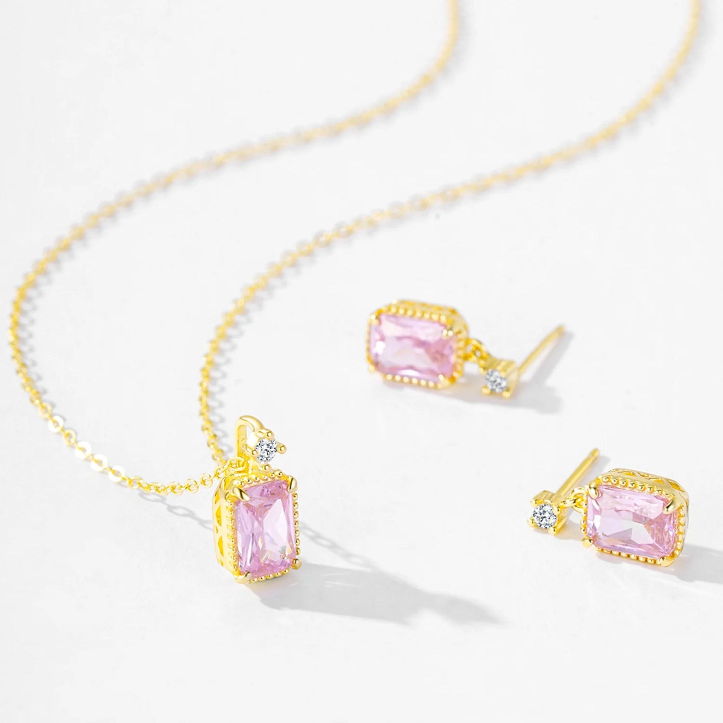 925 Sterling Silver Romantic Pink Sugar Diamond Pendant Necklace Earrings Fashion High-end Jewelry Set Gift Set