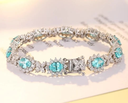 Gemfiori S925 Silver Bangles Chain Bracelet for Women Rhodium Lab Grown Paraiba Gemstone for Wedding Gift Party Engagement Anniversary