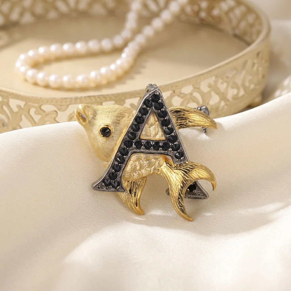 PERFECT Unique Design 925 Sterling Silver Fish Shape Gold Plated Black Spinel Classic Unisex Letter Pendant