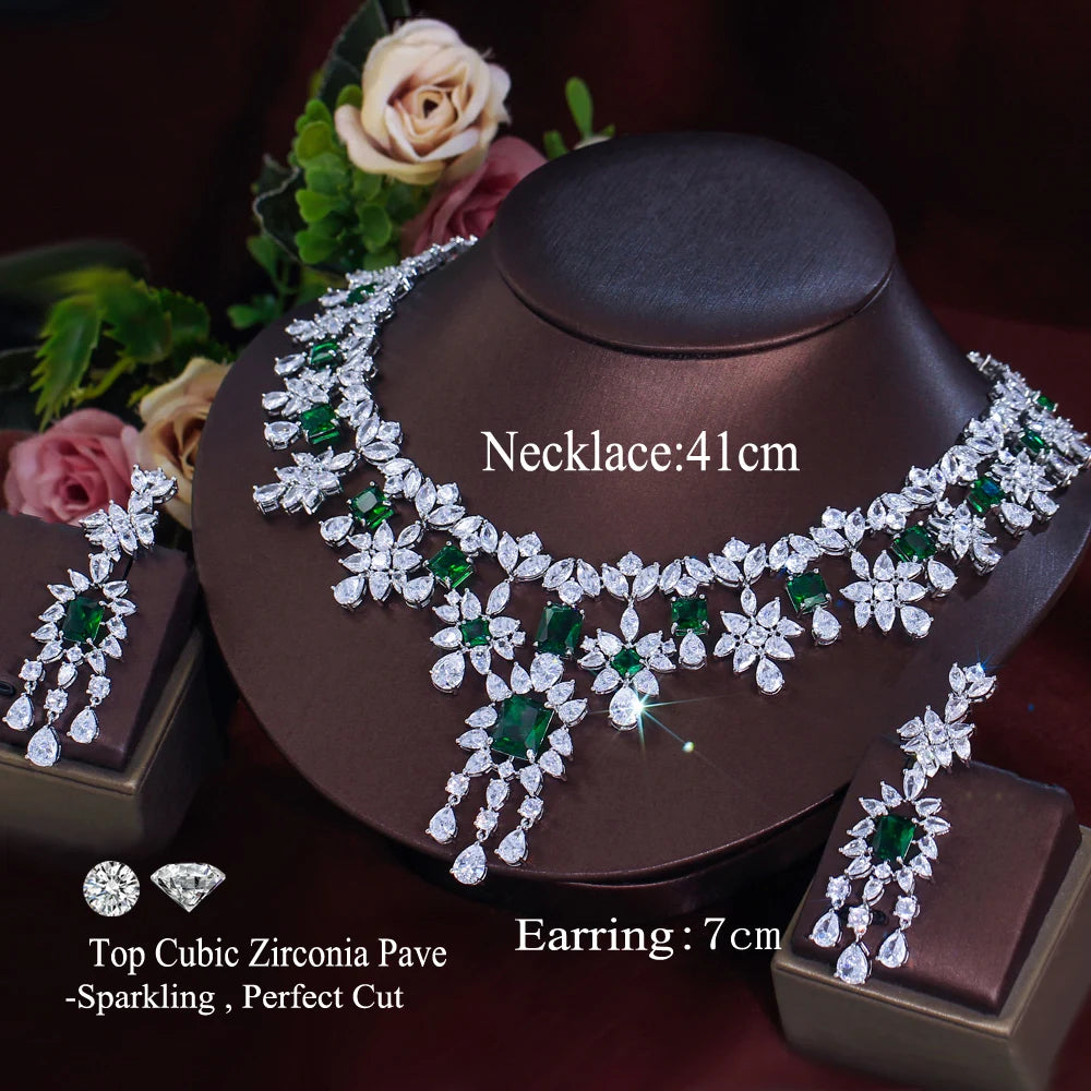 Luxury Dangle Tassel Drop Cubic Zirconia Green Wedding Decor Party Big Necklace Bridal Jewelry Sets for Women