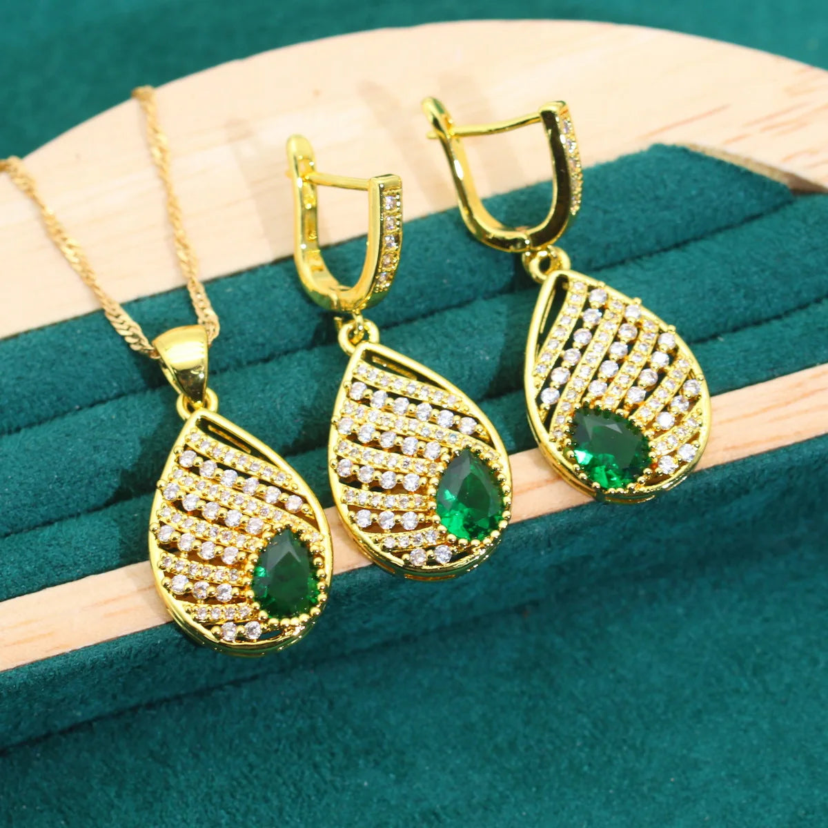 XOTICA Luxurious Green Zircon Bracelet Earrings Necklace Open Ring Set Women's Gold Color Jewelry for Party Halloween-Luxury Gifts