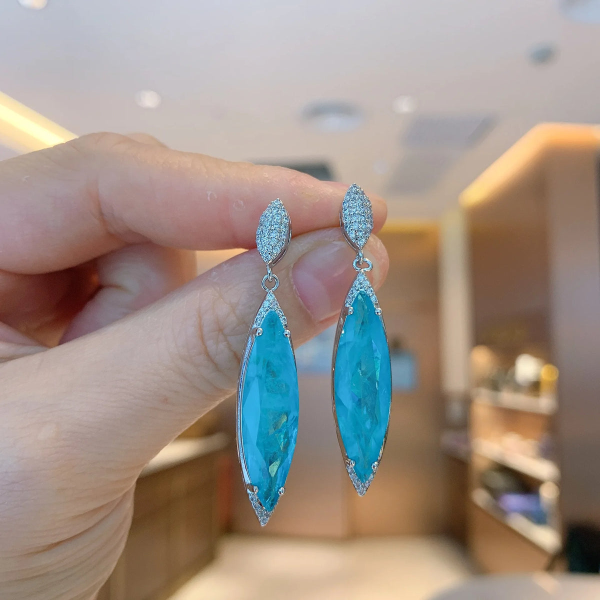 Gemfiori Sliver Plated Necklace and Drop Earrings Pave Setting Charm Sea Blue Crystal Pendant Fashion Party Dangle Jewelry Gift for Women