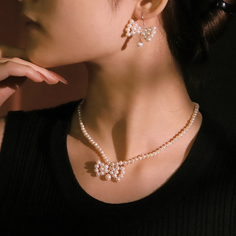 Natural Pearl Bowknot Sterling Silver Necklace Earrings Luxurious High-Quality Set for Banquet Wedding Women's Jewelry GS0228