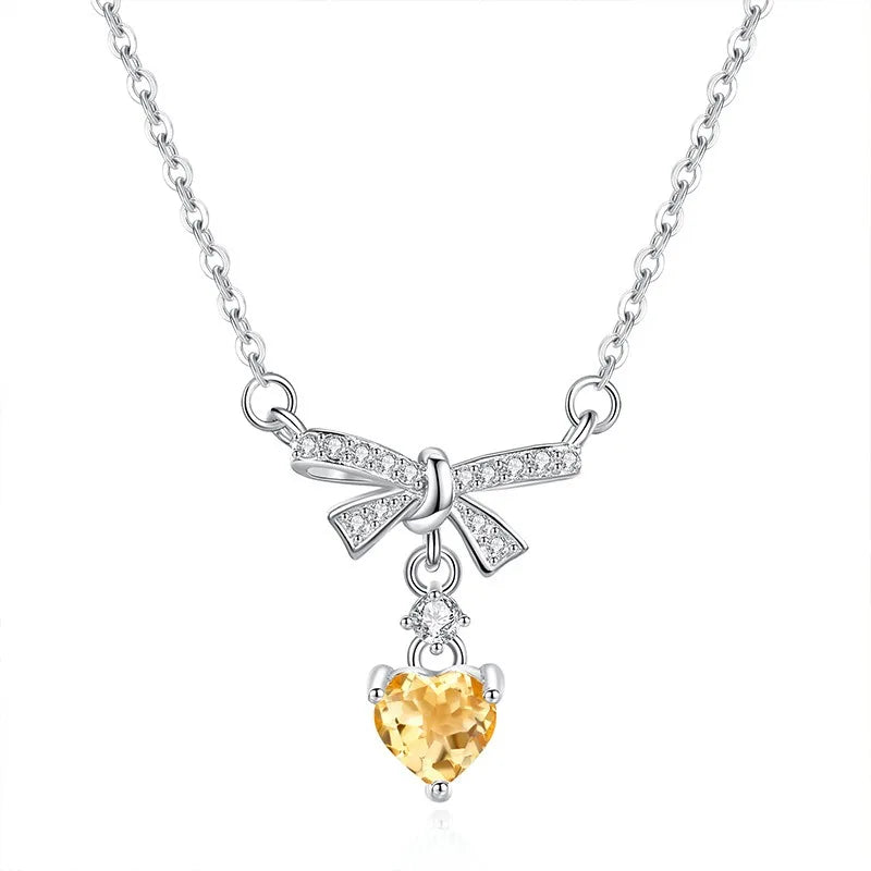 Women 925 Sterling Silver Natural Stone Garnet Necklace Engagement Wedding Bow Knot Heart Pendant Chokers Jewelry Wholesale