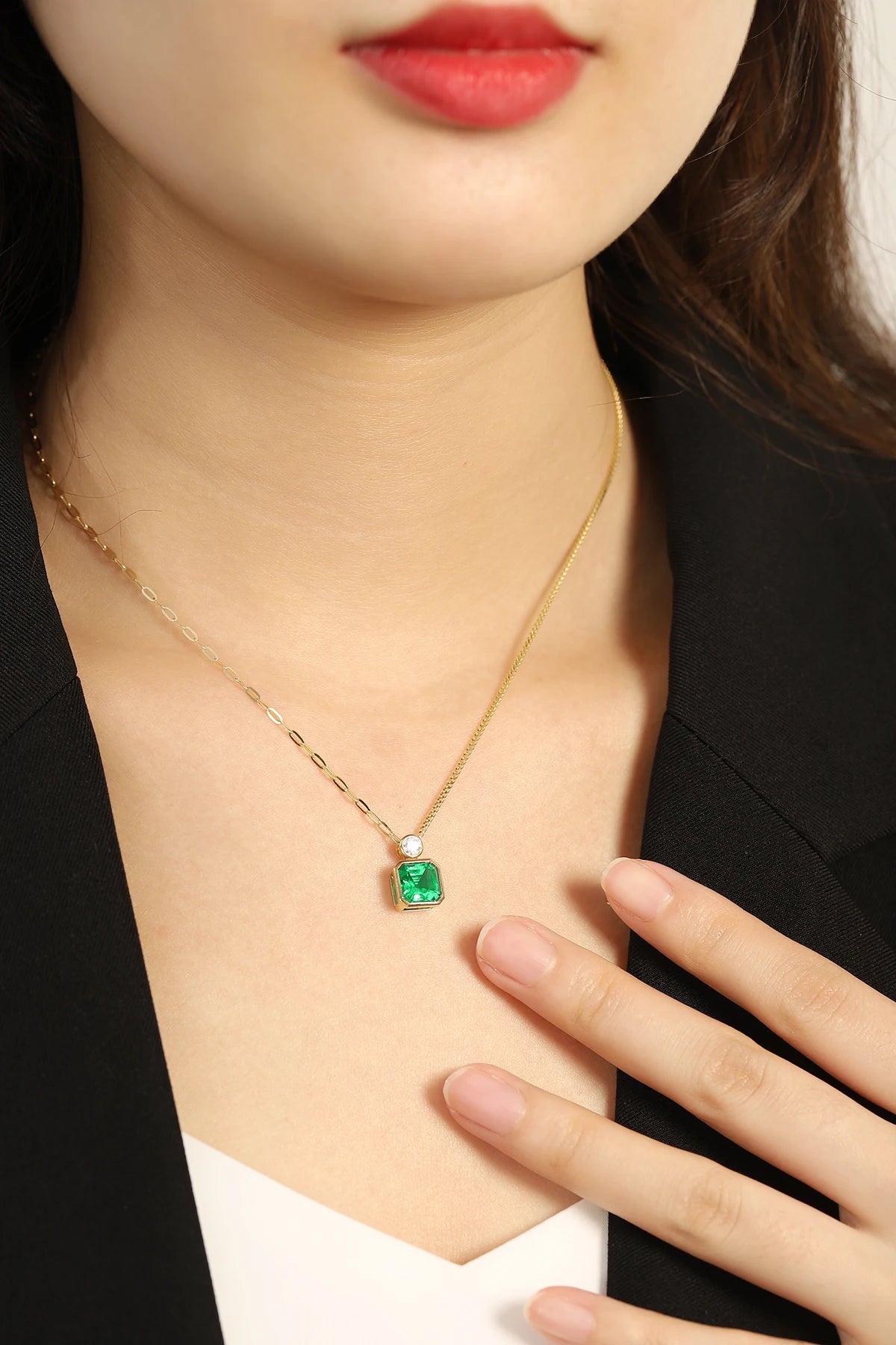 Gemfiori Asscher 7.5mm 1.7ct Hydro Emerald Pendant Necklace in 18k gold Fashion Jewellery from Shenzhen custom jewelry Wuzhou Gemstones