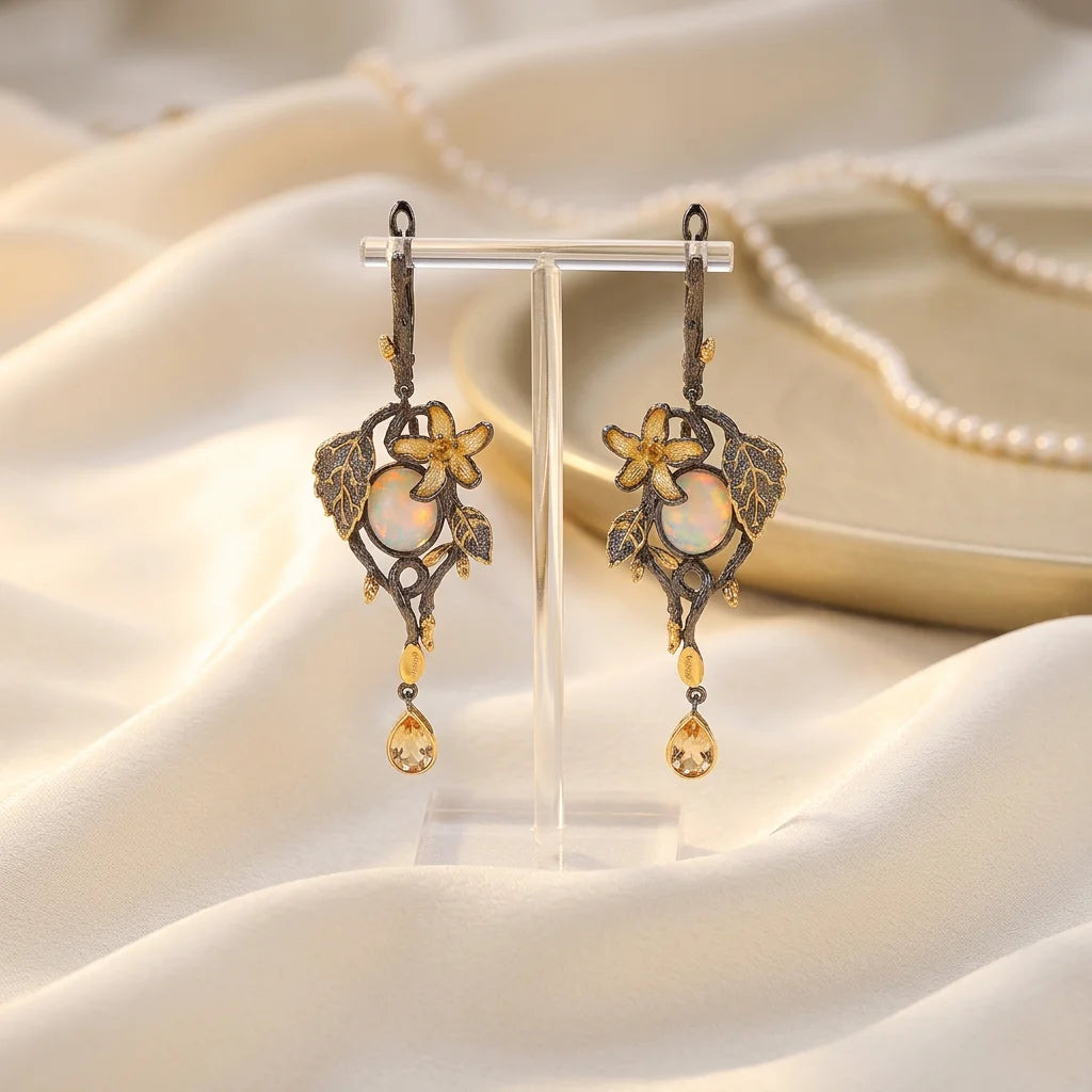 Handmade Indian Vintage 925 Sterling Silver Dangle Women Earrings with Opal Citrine for Party & Gift