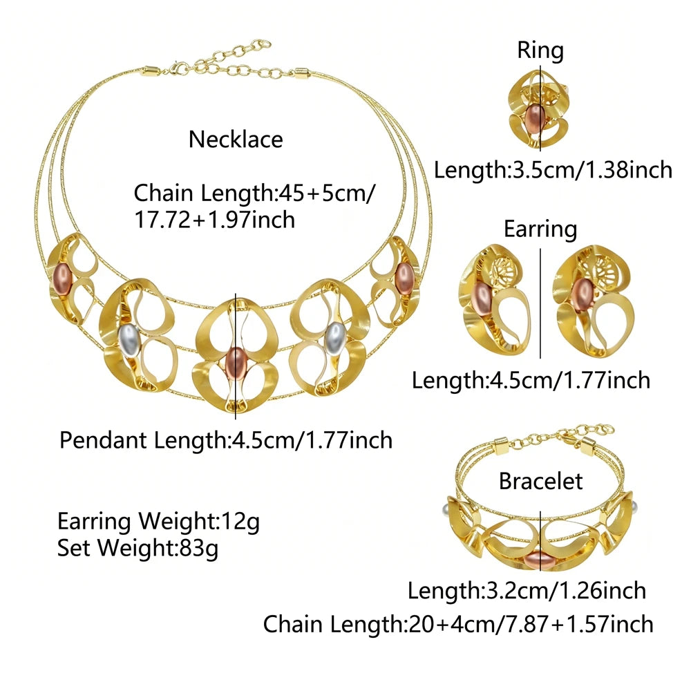 Zhuerrui Alloy Handmade Golden Jewelry Set with Openwork Metal and Multi Tone Pearls Includes Necklace Bangle Earrings and Ring