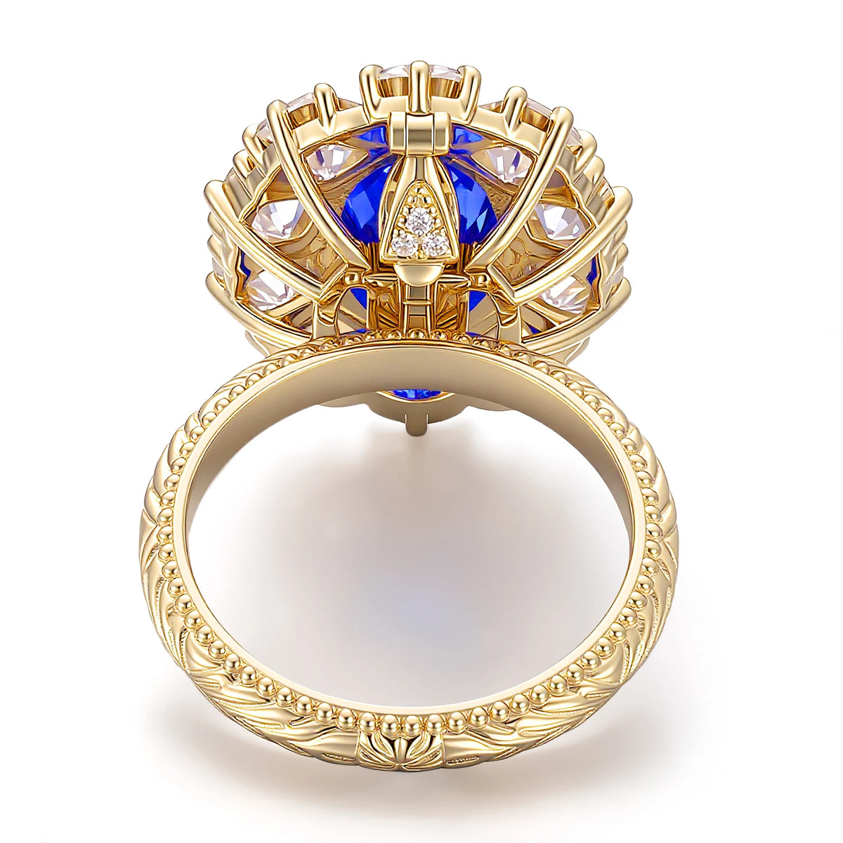 Gemfiori Luxury Lab Royal Blue Gemstone 18K 14K Solid Yellow Gold Detachable Party Ring Handmade Custom Jewelry for Women Chunky Rings